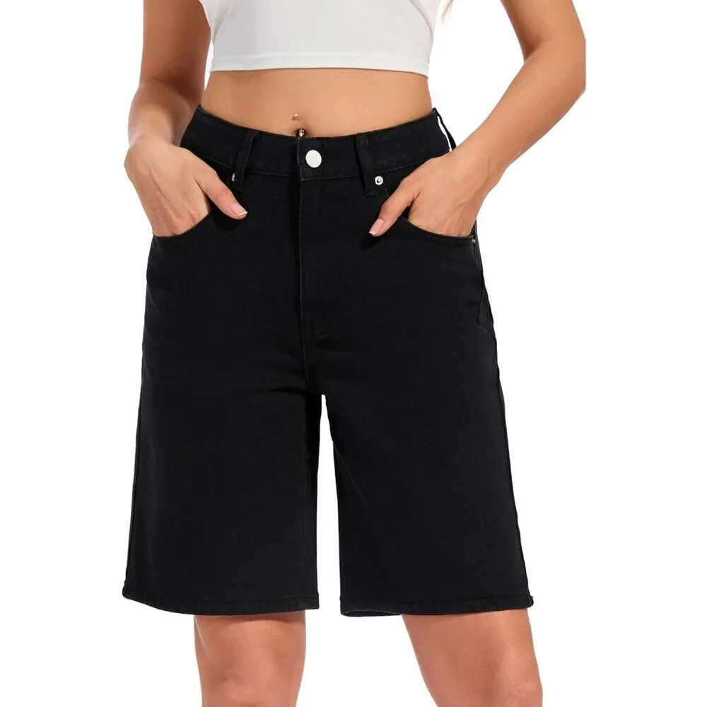Women Baggy Jean Shorts Denim Bermuda Mid-Low Rise Casual Wide Leg